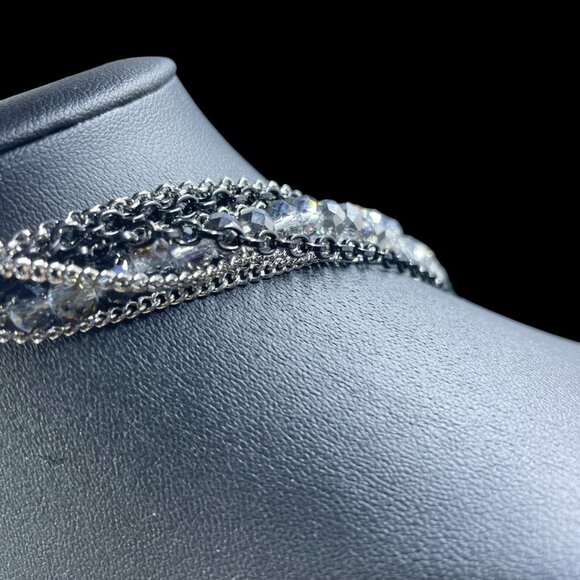 Multilayer Crystal Beaded Silver Black Chain Necklace Statement Coquette Glam - Picture 7 of 8